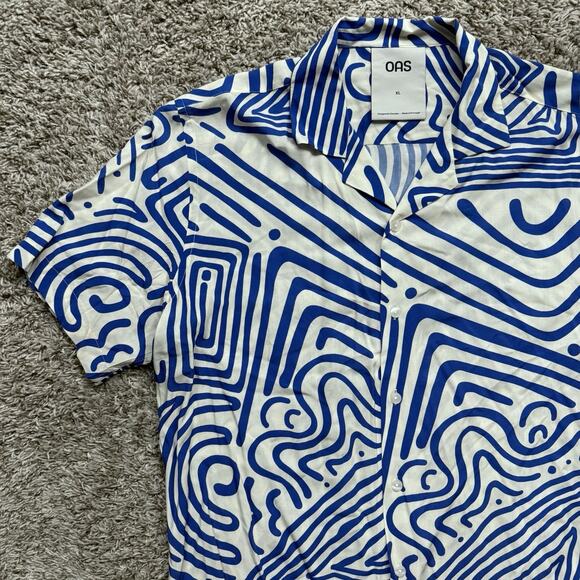 OAS Viscose Eldovado Geometric Blue White Button Up SS Shirt Men’s Size XL - Picture 7 of 7